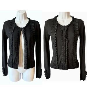 Vintage 90s Y2K Long Sleeve Knit Top Size M Beaded Ruffle Snap Front Cardigan